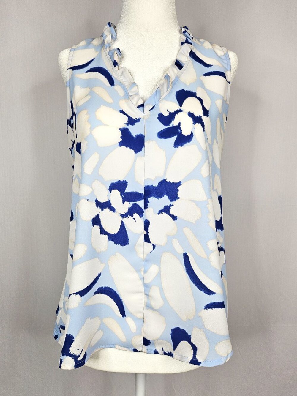 LOFT | Blue Floral Ruffle Neck Sleeveless Blouse | Women's Small